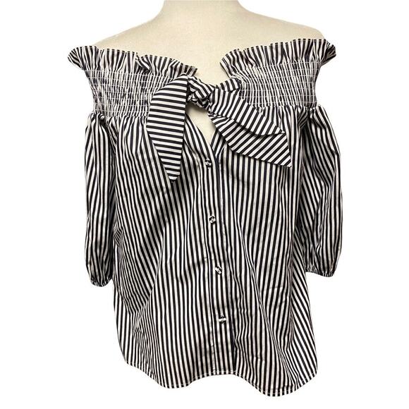 Parker Tops - Parker Navy Blue and White Off the Shoulder Ruffle Smocked Blouse